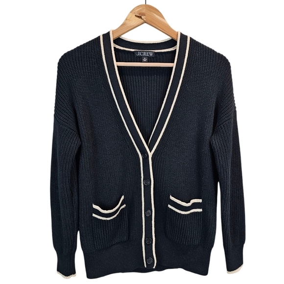J. Crew Ribbed V-Neck Cotton Cardigan Sz XS Black Nautical Prep Old Money Staple - Picture 1 of 16